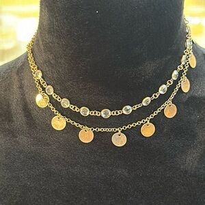 LULUS 2 CHAIN NECKLACE CLEAR BEADS & GOLD COLORED DISCS ADJUSTABLE
